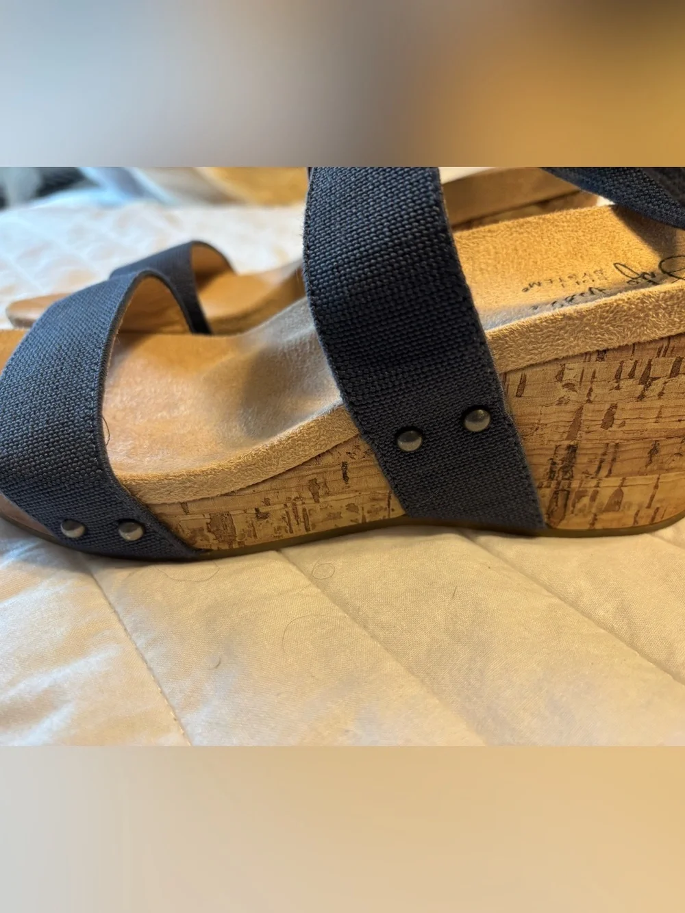 Life Stride Sandals Women Sz 9 Soft‎ Flex System Cork Wedge Heel Blue Strappy